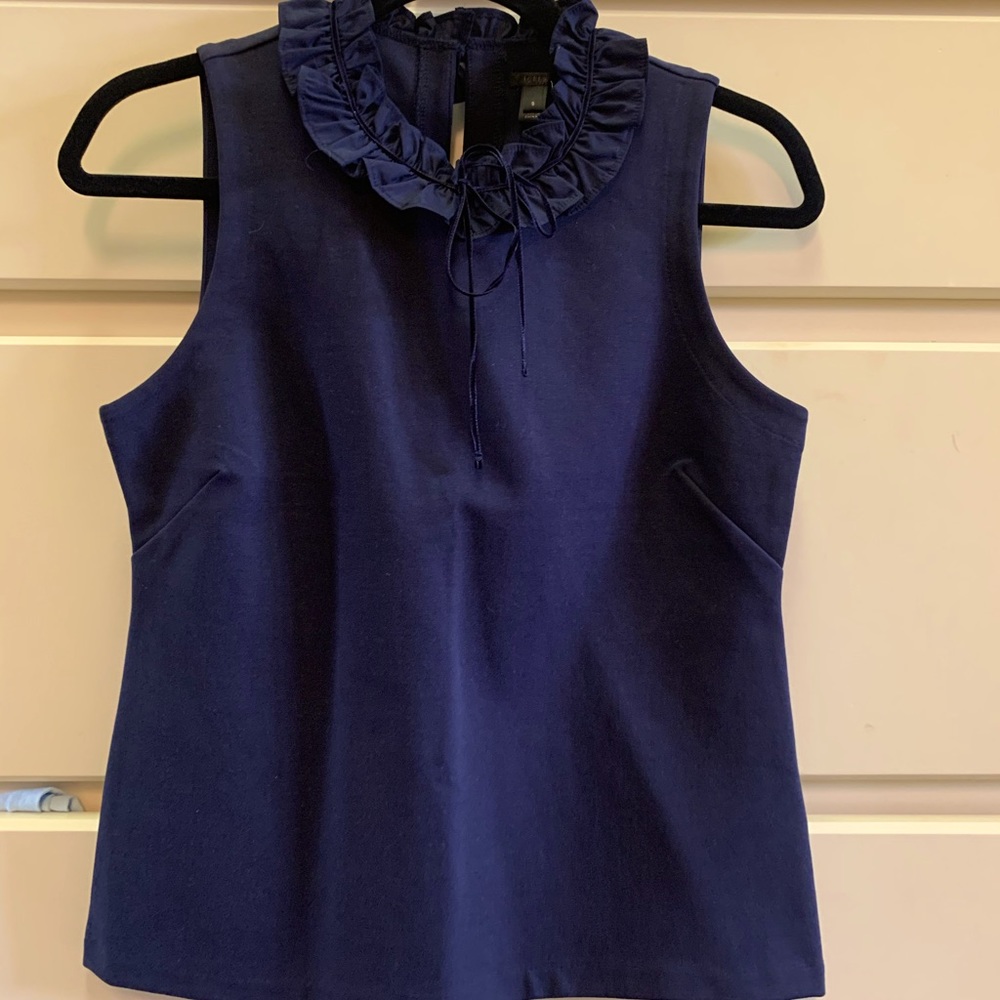 Never worn J.Crew navy shell with ruffle neck- SM